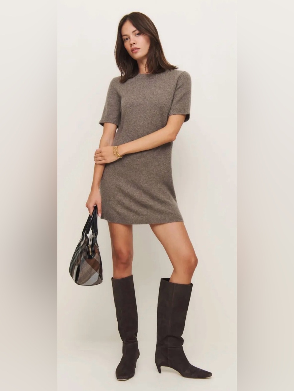 Reformation Bell Cashmere Mini Dress Heather Taupe Brown Size Sm - Picture 1 of 8